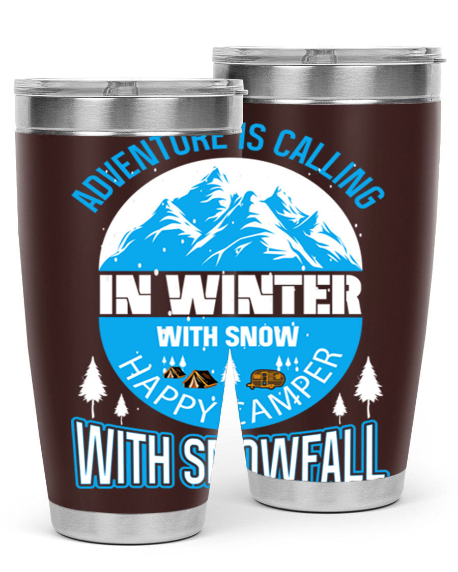 Camping Winter 39# Tumbler in stainless steel with a drink-thru lid, showcasing its sleek design and double wall insulation.